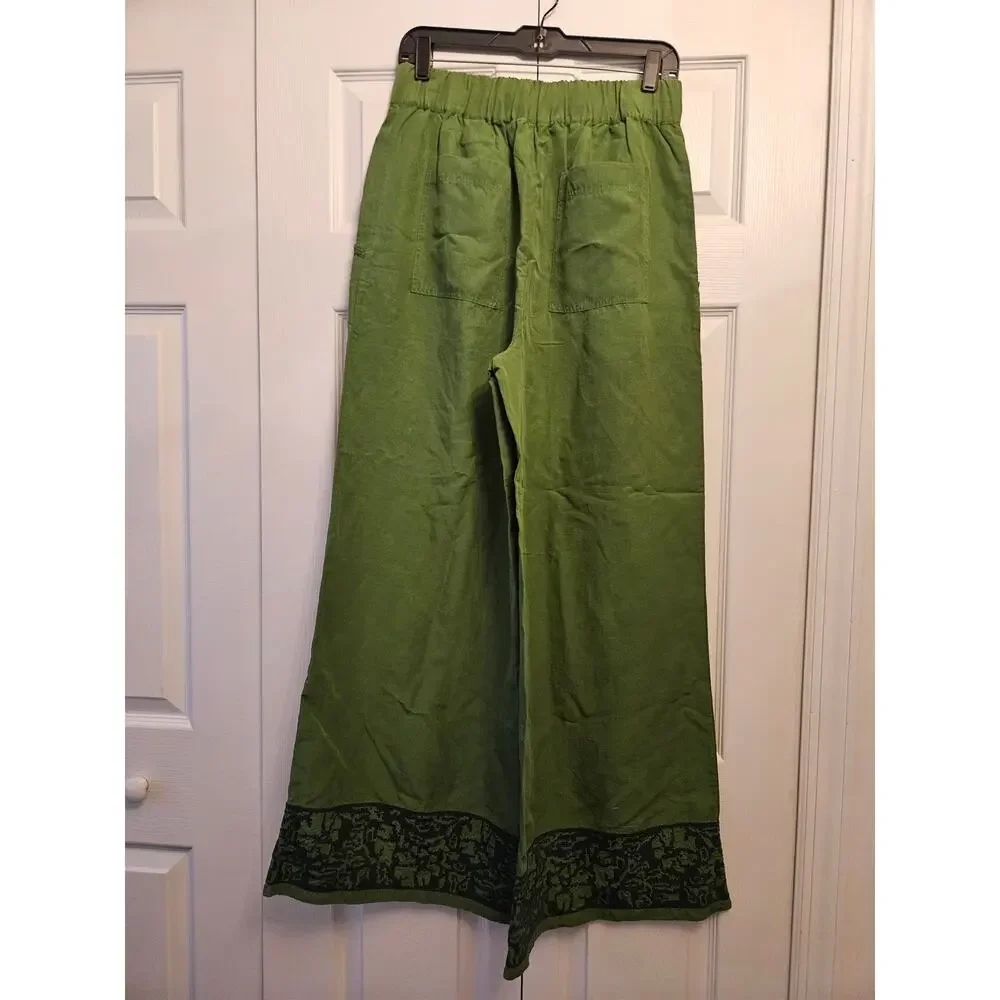 Banana Republic Green High Rise Wide Leg Embroidered Linen Pants, Women's M NWT